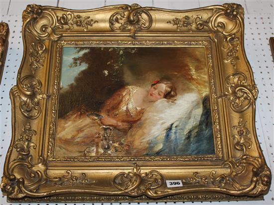 Oil on canvas, sleeping lady, gilt frame